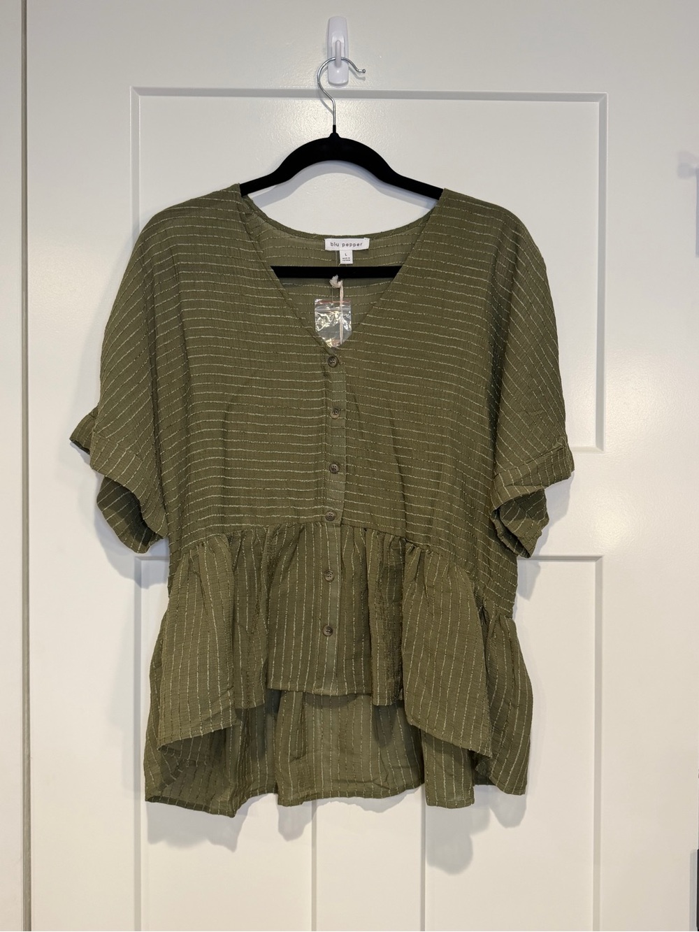 Blu Pepper Olive Green Button-Front Peplum Blouse